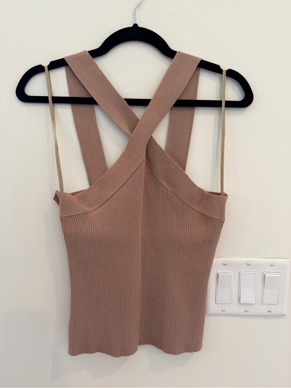 Skies Are Blue Cross-Front Ribbed Tank Top in Taupe